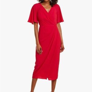 Maggy London Women's Short Flutter Sleeve Faux Wrap Giant Hibiscus Midi Dress